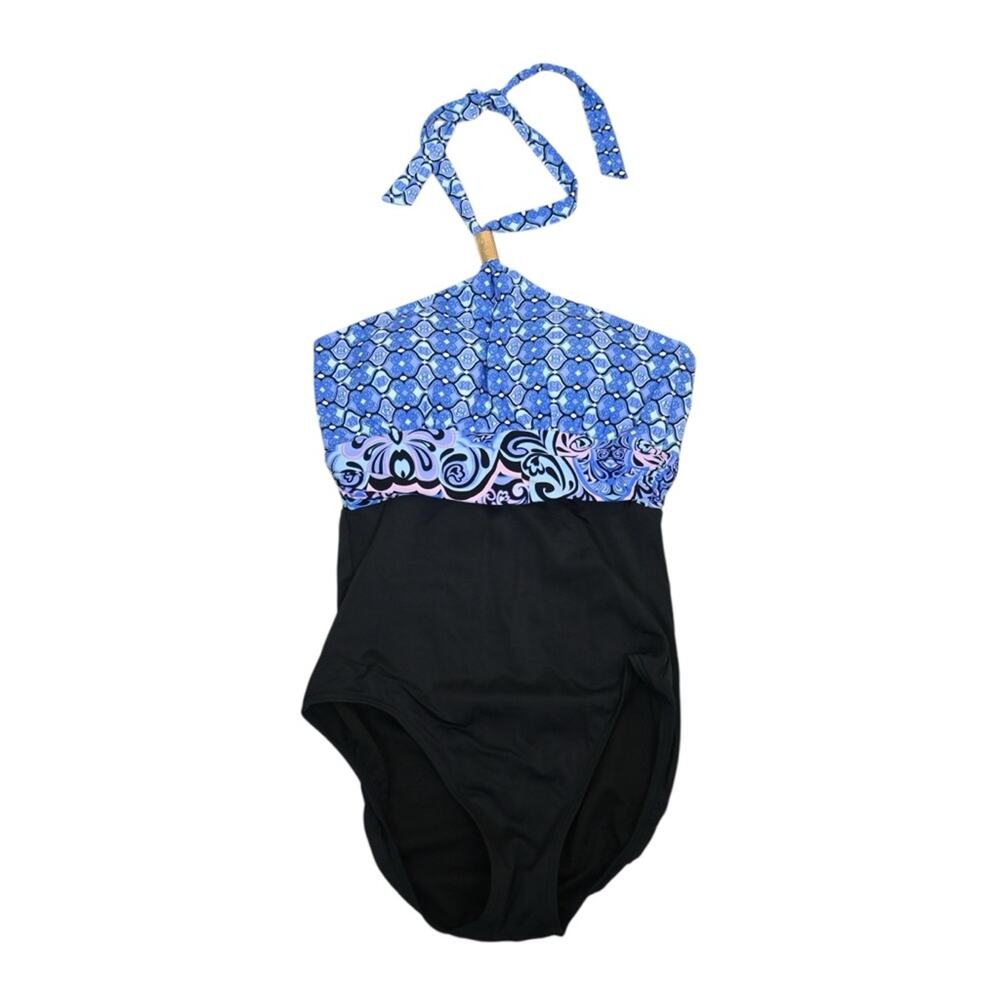 Jantzen Women's 10 Blue Black Print Halter One Piece Swimsuit